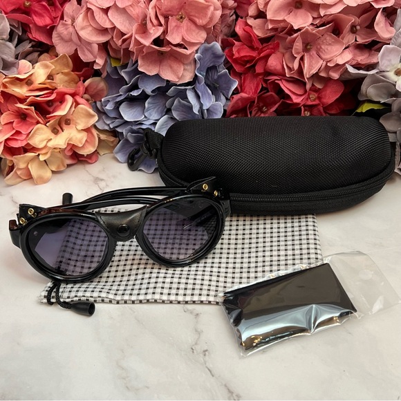 Steampunk Round Gray Gradient Black Leather Shield Polarized Sunglasses - Picture 7 of 16